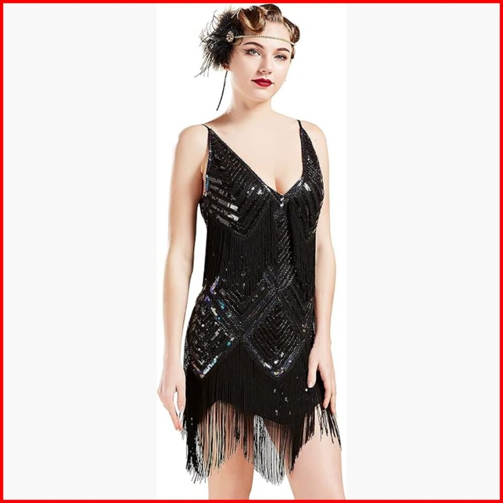 1920s Flapper Dress V-Neck Bodycon Midi Fringe Sequin Gatsby Party